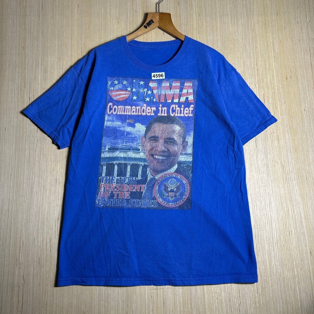 Vintage Obama Commander In Chief Shirt Mens Large Blue Short Sleeve Graphic Y2K